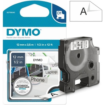 Páska Dymo D1 - Nylon, 12mm (16957) bílá, černý tisk, 3,5m