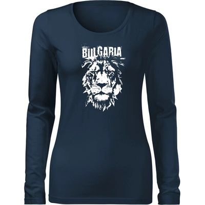 DRAGOWA Slim дамска тениска с дълъг ръкав български лъв, тъмно синя (37153)
