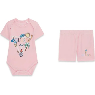 Guess Късo боди и къси спортни панталони за новородено момиче в розов цвят с весели щампи Guess