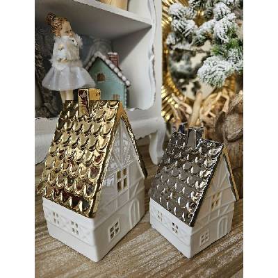 Béžová dekorace porcelánový domek s Led světýlky Christmas House M - 8*7*12 cm - Clayre & Eef