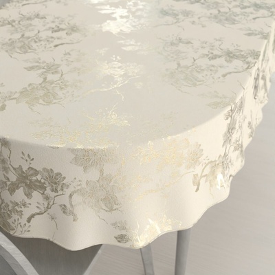 Biante Zamatový oválny obrus Isabela Flower IBL-022 Zlaté kvety na smotanovom 120x140 cm