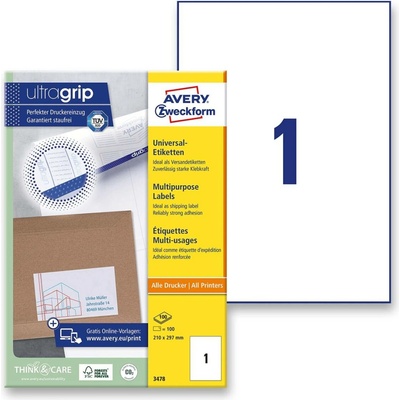 Avery Zweckform 3478 univerzální etikety 210,0 x 297,0 mm 100 etiket bílé
