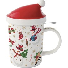 Easy Life Vánoční porcelánový hrnek na čaj se sítkem a pokličkou Christmas Friends Kočičky 370 ml