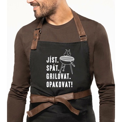 Kariban HobbyTriko Zástěra na grilování EXCLUSIVE Jíst. Spát. Grilovat. Opakovat! Černošedá