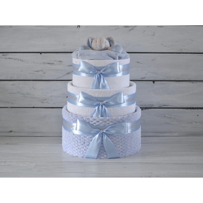dortNEdort Třípatrový plenkový dort zdobený medvídkem nebo sloníkem usínáčkem modrý deka světle modrý mašle a slon – Zboží Dáma
