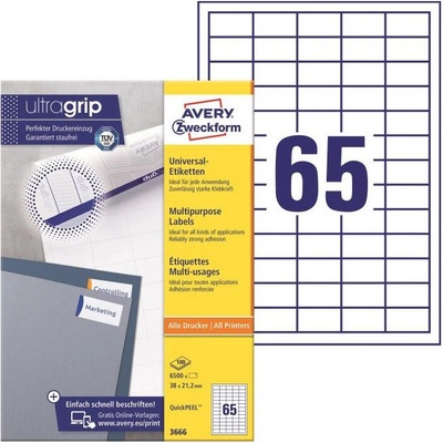 Avery-Zweckform 3666 38 x 21.2 mm papier biela 6500 ks trvalé univerzálne etikety atrament, laser, kópie; 3666