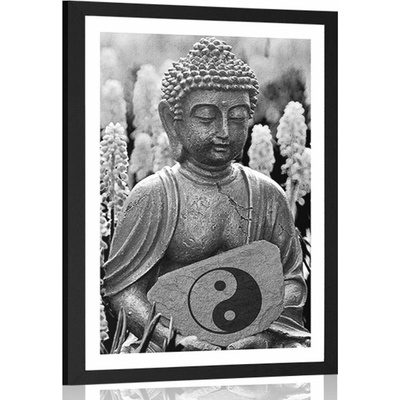 Plagát s papsartou jin a jang Budha v čiernobielom prevedení