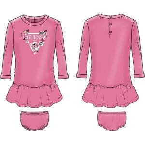 Guess Памучна рокля в цикламено за бебе момиче с бяло лого Guess и детайли