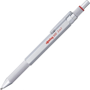 rOtring 600 3-in-1 writing instrument with ballpoint pen and mechanical pencil | Ballpoint pen with 2 fine tips (black and red ink) | 1 mechanical pencil with tip (0.5 mm lead) | Silver - 2164109 (2164109)