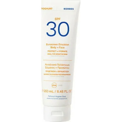 KORRES Слънцезащитна емулсия за лице и тяло с кисело мляко, Korres Yoghurt Sunscreen Emulsion Face & Body SPF30 250ml