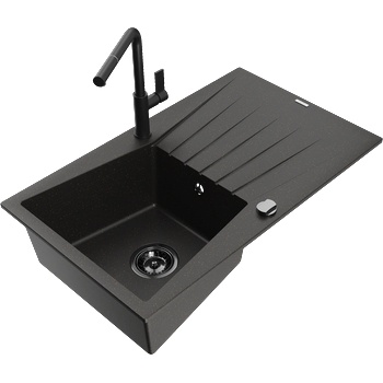 Mexen Cesar гранитна мивка с 1 камера с отцедник и кухненски смесител Flora, черен/златен металик - 6514-75-670401-70-B (6514-75-670401-70-B)