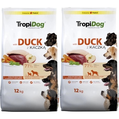 TropiDog Premium adult stredné a veľké plemená s kačacinou a ryžou 2 x 12 kg