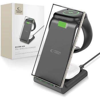 Tech-Protect Безжична станция за зареждане 3 в 1 за Android устройства от Tech-Protect QI15W-A36 - Черен (5906302372164)