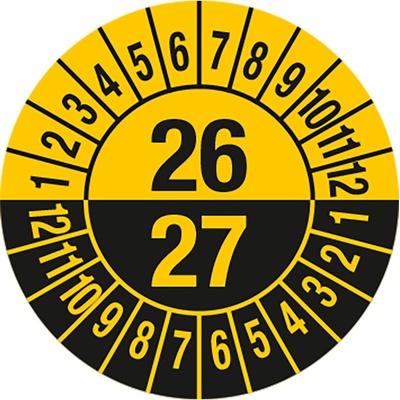 Kontrolná nálepka 26/27, žltá, samolepka, 30 mm, 5 x 15 ks