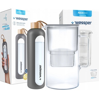 Wessper Sada Wessper: AquaMax Crystalline 2,5 l sklenený džbán s filtrom + ActiveMax Crystalline 1 l sklenená motivačná fľaša so silikónovým obalom sivá