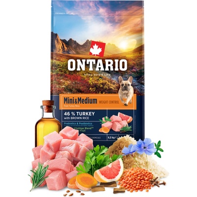 Ontario Mini & Medium Weight Control Turkey & Brown Rice 6,5 kg