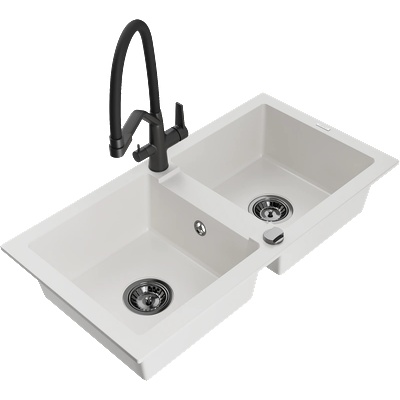 Mexen Mario гранитна мивка с 2 камери и кухненски смесител Duo, бял - 6504-20-671701-70-B (6504-20-671701-70-B)