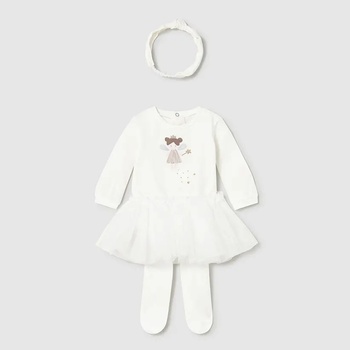 Mayoral Комплект боди, пола с чорапогащник туту и лента за глава в мръсно бяло Mayoral