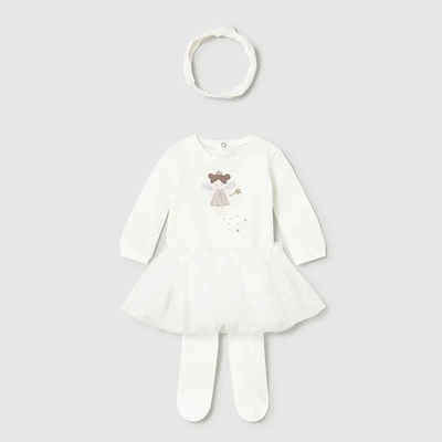 Mayoral Комплект боди, пола с чорапогащник туту и лента за глава в мръсно бяло Mayoral