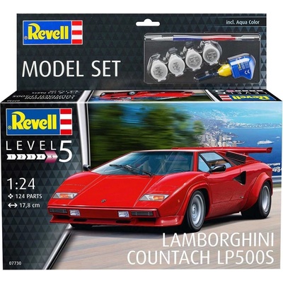 Revell Lamborghini Countach LP500S Model Set auto 1:72 124 dílů + barvy + lepidlo + štětec