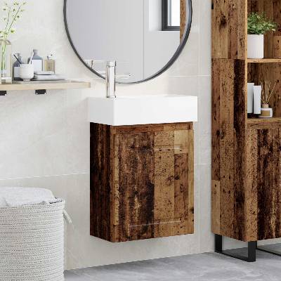 vidaXL Мивка за баня със смесител Старо дърво 45, 5 x 22, 5 x 84 см (889509)
