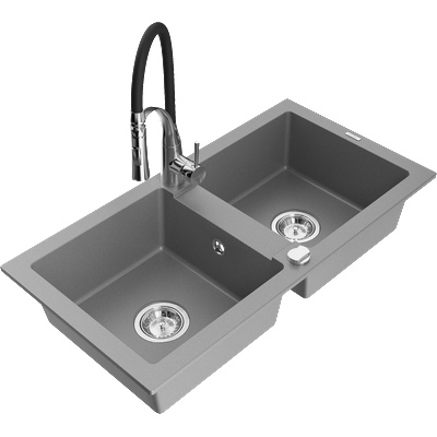 Mexen Mario двоен гранитен мивка с кухненски смесител Aster, сив - 6504-71-73450-07 (6504-71-73450-07)