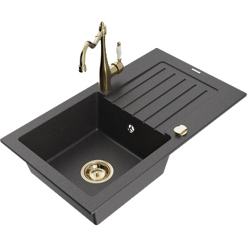 Mexen Pablo гранитна мивка с 1 отделение и отцедник и кухненски смесител Carla, черен на пръски - 6510-76-670700-50 (6510-76-670700-50)
