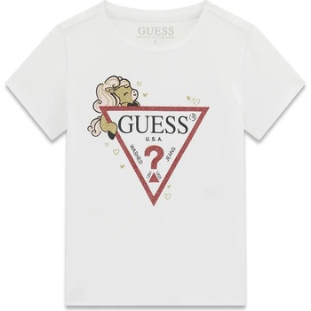 GUESS Бяла тениска за мини момиче с червено лого Guess и цветно пони покрити с глитери