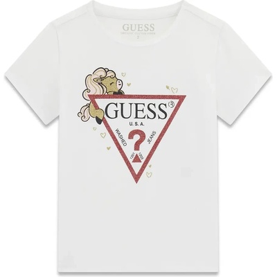 GUESS Бяла тениска за мини момиче с червено лого Guess и цветно пони покрити с глитери