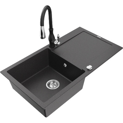 Mexen Leo гранитна мивка с 1 отделение и отцедник и кухненски смесител Savita, черен на пръски - 6501-76-672601-70 (6501-76-672601-70)