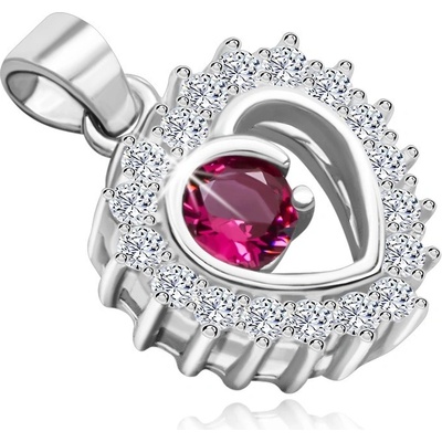 Šperky Eshop Stříbrný přívěsek tmavě růžový zirkon obklopený konturou srdce s čirými zirkony U21.17