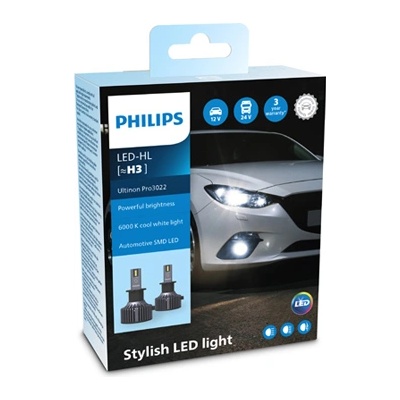 Крушка, LED, фар за дълги светлини PHILIPS H3, 12/24V, 19W, 6000K, 1600lm, 2 бр