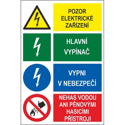 Pozor el. zařízení / Hlavní vypínač / Vypni v nebezpečí / Nehas vodou ani pěn. přístroj samolepící vinylová fólie 200x150 mm – Zboží Dáma