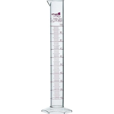 Měřicí válec z PMP, třída A, s výlevkou a červenou stupnicí – 100 ml, DIN 12681, ISO 6706