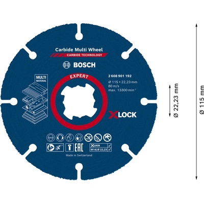 Kotúč rezný Bosch Carbide Multi Wheel X-LOCK 115×1 mm Dostupné varianty: Viacúčelový rezný kotúč Bosch EXPERT Carbide Multi Wheel systému X-LOCK ø 115 mm