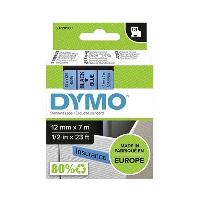 Dymo originál páska do tlačiarne štítkov, Dymo, 45016, S0720560, čierny tlač/modrý podklad, 7m, 12mm, D1