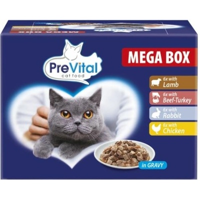 PreVital MEGA BOX Kapsička jahňa/hovädzie-morka/králik/kura v omáčke 24 x 100 g