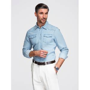 Ombre Clothing Мъжка дънкова риза с джобове на копчета - светло синьо V1 OM-SHDS-0210 Ombre Clothing Ombre Clothing | Sin | МЪЖЕ | S