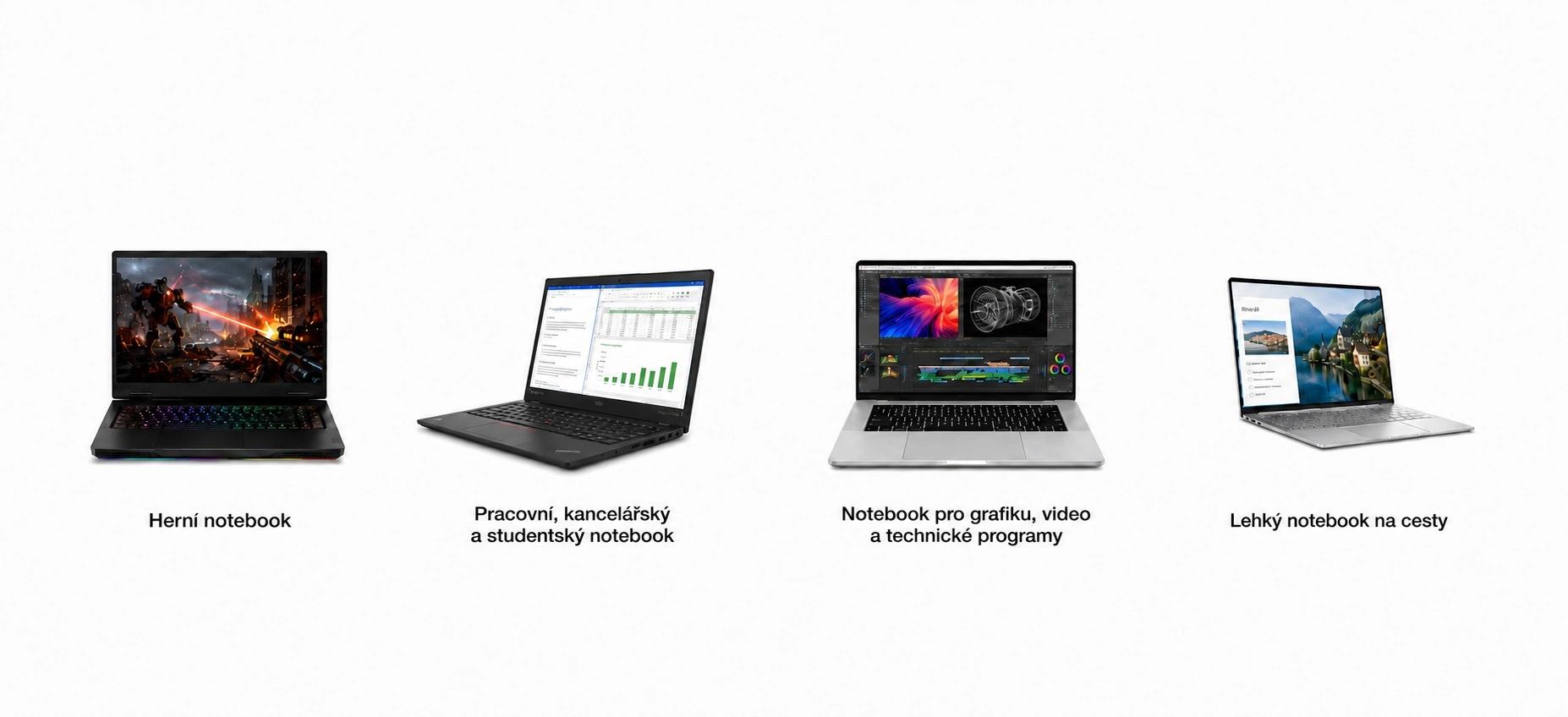 Řada notebooků vedle sebe na hry, práci, grafiku a cestování