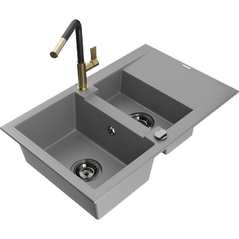 Mexen Gaspar мивка от гранит 1, 5-камерна с отцедник и кухненски смесител Flora, сив - 6507-71-670401-57-B (6507-71-670401-57-B)