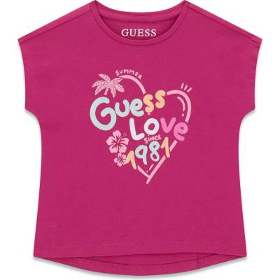 GUESS Цикламена тениска за мини момиче с цветен надпис Guess