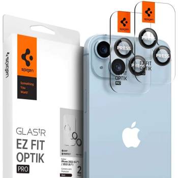 Spigen Optik Pro tR Ez Fit Lens Protector 2 Pack - 2 комплекта предпазни стъклени лещи за камерата на iPhone 15, iPhone 15 Plus, iPhone 14, iPhone 14 Plus (прозрачен)