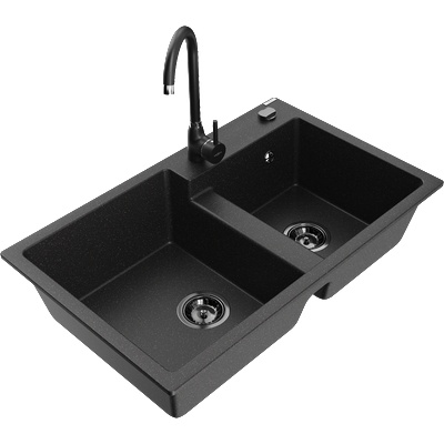 Mexen Tomas гранитна мивка с 2 отделения и кухненски смесител Telma, черен/сребърен металик - 6516-73-670200-70-B (6516-73-670200-70-B)