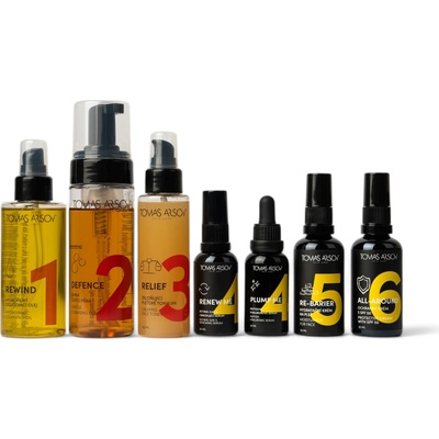 Tomas Arsov Péče o pleť REWIND odlič.olej 150ml + DEFENCE č.pěna 150 ml + RELIEF tonik. 100ml + PLUMP ME sérum 30ml + RENEW ME sérum 30ml + RE-BARRIER krém 50ml + ALL-AROUND krém SPF50 50ml set