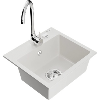 Mexen Milo гранитна мивка с 1 камера с кухненски смесител Telma, бял - 6505-20-670200-00 (6505-20-670200-00)