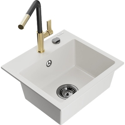 Mexen Milo гранитна мивка с 1 отделение с кухненски смесител Flora, бял - 6505-20-670401-57-B (6505-20-670401-57-B)