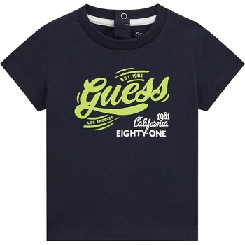GUESS Тъмно синя памучна тениска за бебе момче с електрикав надпис Guess