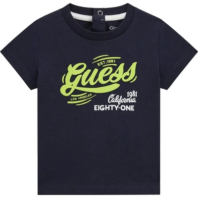 GUESS Тъмно синя памучна тениска за бебе момче с електрикав надпис Guess
