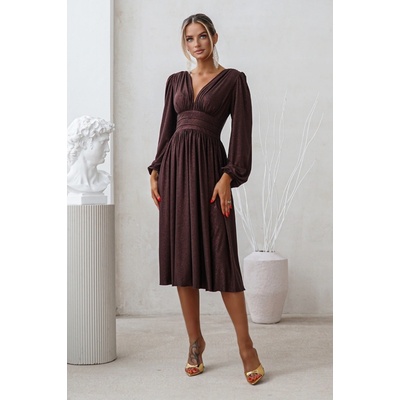 Warsaw Dress trblietavé midi šaty s dlhými rukávmi hnedé