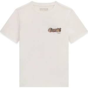 GUESS Бяла тениска за момче с цветен надпис Guess и цветни снимки на гърба